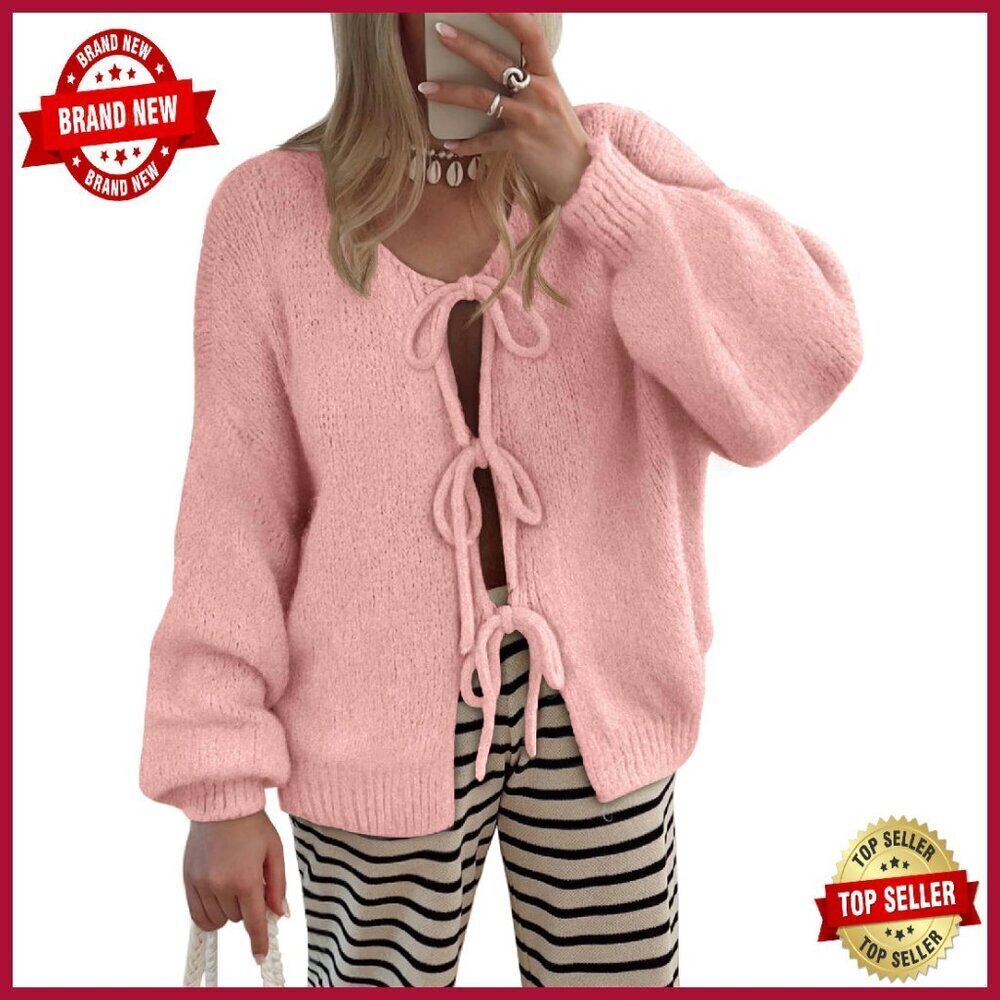 Tie Front Cardigan Sweater Puff Sleeve Knit Fall Fashion Women's